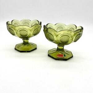 Fostoria Coin Glass Olive Green Compotes Pedestal Candy Dishes Set‎ of 2